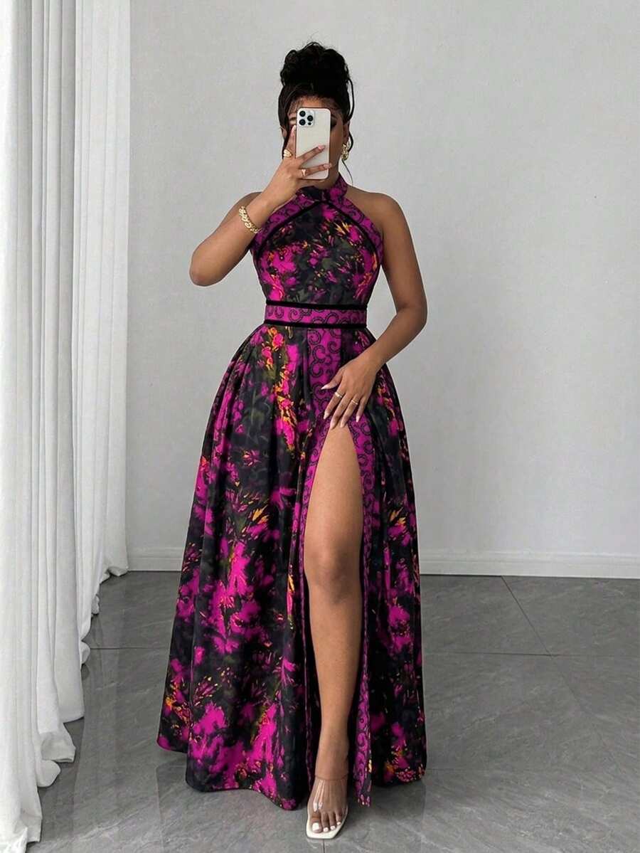 SHEIN Clasi 大尺碼女款花卉印花掛脖優雅開衩裙 - 玫紅色 - 查看 1