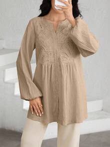 Graceveil 女款缺口領刺繡設計長袖單排扣襯衫 - 卡其色 - 查看 6