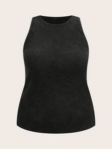 Slaydiva Plus Size Summer Casual Washed Padded Tank Top - Black - View 2