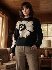 CAJUNI Pull à manches longues imprimé floral décontracté et polyvalent pour femme, pour tous les jours - Noir - Voir 5