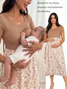 SHEIN Maternity Floral Patchwork Nursing Dress - Khaki - View 4