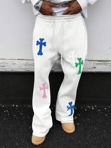PAVTROS Men's Casual Loose Fit Cross Embroidery Sweatpants - White - View 6
