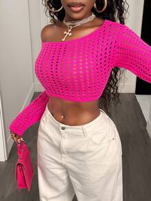 BamGleam Women's Hot Pink Knit Sweater Top, Hollow Out Crochet Off-Shoulder Asymmetric Long Sleeve Spring Autumn Winter Casual Sexy Street Style Cropped Top - Hot Pink - View 8