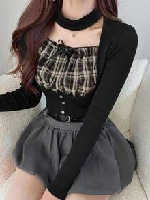 FRIFUL Women's Halter Neck Plaid Fabric Patchwork Puff Short Sleeve Fitted Waist Button Decor Sweet Spicy Style Summer T-Shirt Cute Top - Black - View 8