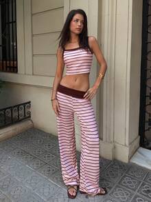 Siren Gaze Summer Women's Light Pink Checkered Two Pieces Set, Square Neck Camisole High Waist Wide Leg Pants, Y2K Casual Coastal Hot Girl Style Beach Travel - Pink - View 4