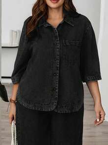EMERY ROSE EMERY ROSE Plus Size Solid Color Drop Shoulder Casual Loose Front Button Denim Blouse Going Out Tops - Black - View 7