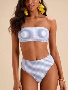 Travachic Women's Vintage Striped Print Pattern Swimsuit Set, Suitable For Outings, Beach Vacation, Chic, Cruise Party, Holiday - Multicolor - View 3