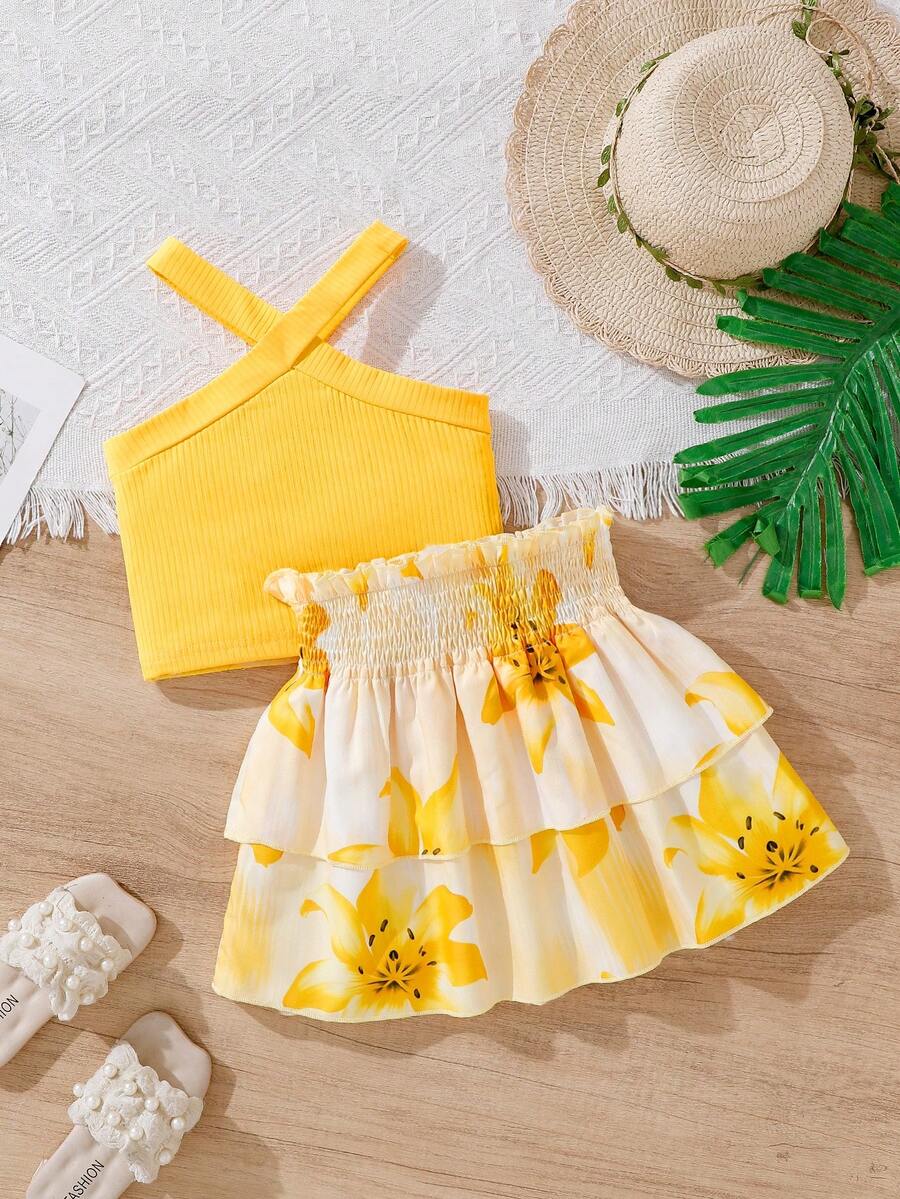 Girls' Vacation Casual Halter Neck Sleeveless Fitted Solid Color Ribbed Fabric Tank Top And Elastic Waist Tropical Large Floral Ruffle Tiered Skirt Set, Suitable For Summer Vacation And Casual Outings