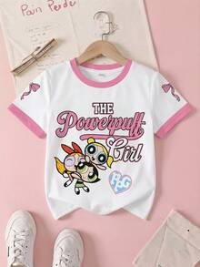 THE POWERPUFF GIRLS X SHEIN Maglietta estiva casual da ragazza con stampa a cartoni animati, girocollo, maniche corte - Bianco - Visualizzare 1