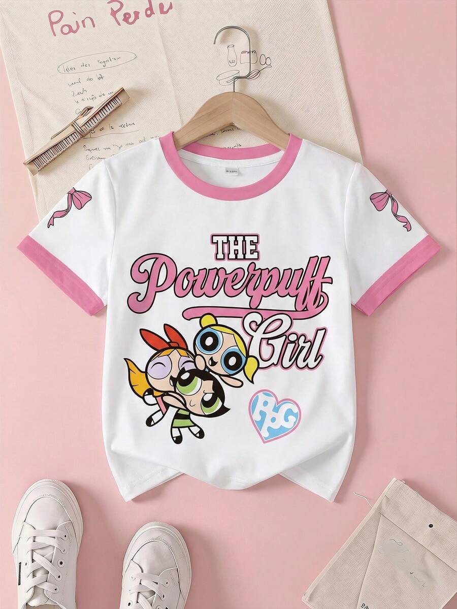 THE POWERPUFF GIRLS X SHEIN Maglietta estiva casual da ragazza con stampa a cartoni animati, girocollo, maniche corte - Bianco - Visualizzare 1