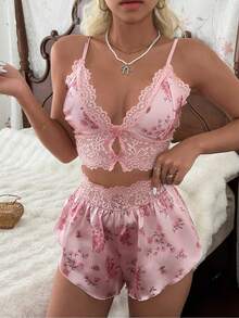 CottageSlumber Exquisite Hollow Lace Trim Patchwork Floral Satin Camisole & Shorts Pajama Set - Pink - View 4