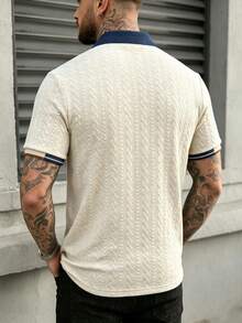 EGENSIO Men's Knitted Jacquard Collar & Cuff Ribbed 2-Button Polo Shirt, Formal, Ceremony - Apricot - View 2