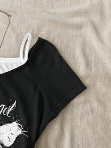 Teen Girl Teen Girls Casual Retro Print 2 In 1 Patchwork Short Sleeve T-Shirt - Black and White - View 4