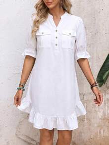 Breezaya Women's Button-Front V-Neck Utility Pocket Casual Denim Dress - White - View 3
