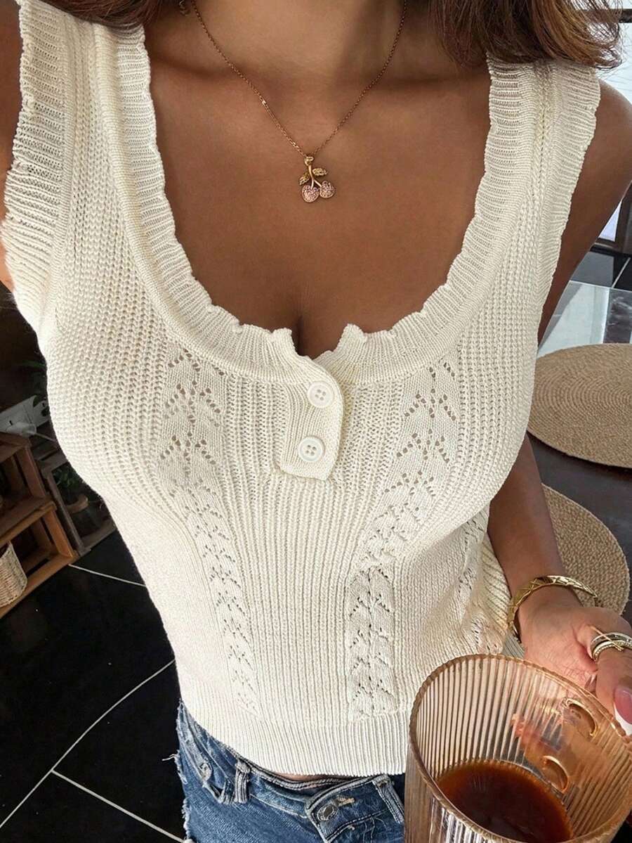 DAZY 純色修身短版圓領背心上衣 蕾絲飾邊 休閒度假夏季薄款針織女款上衣 校園風 - 白色 - 查看 1