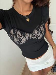 DAZY Summer Fashion Lace Patchwork 2 In 1 Short Sleeve T-Shirt - Black - View 5