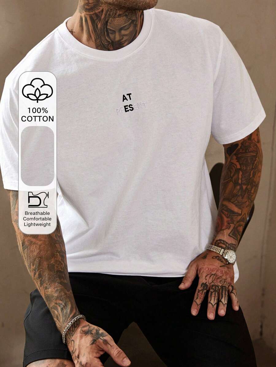 DAZY Men's White T-Shirt With Letter Embroidery Design Summer - White - View 1