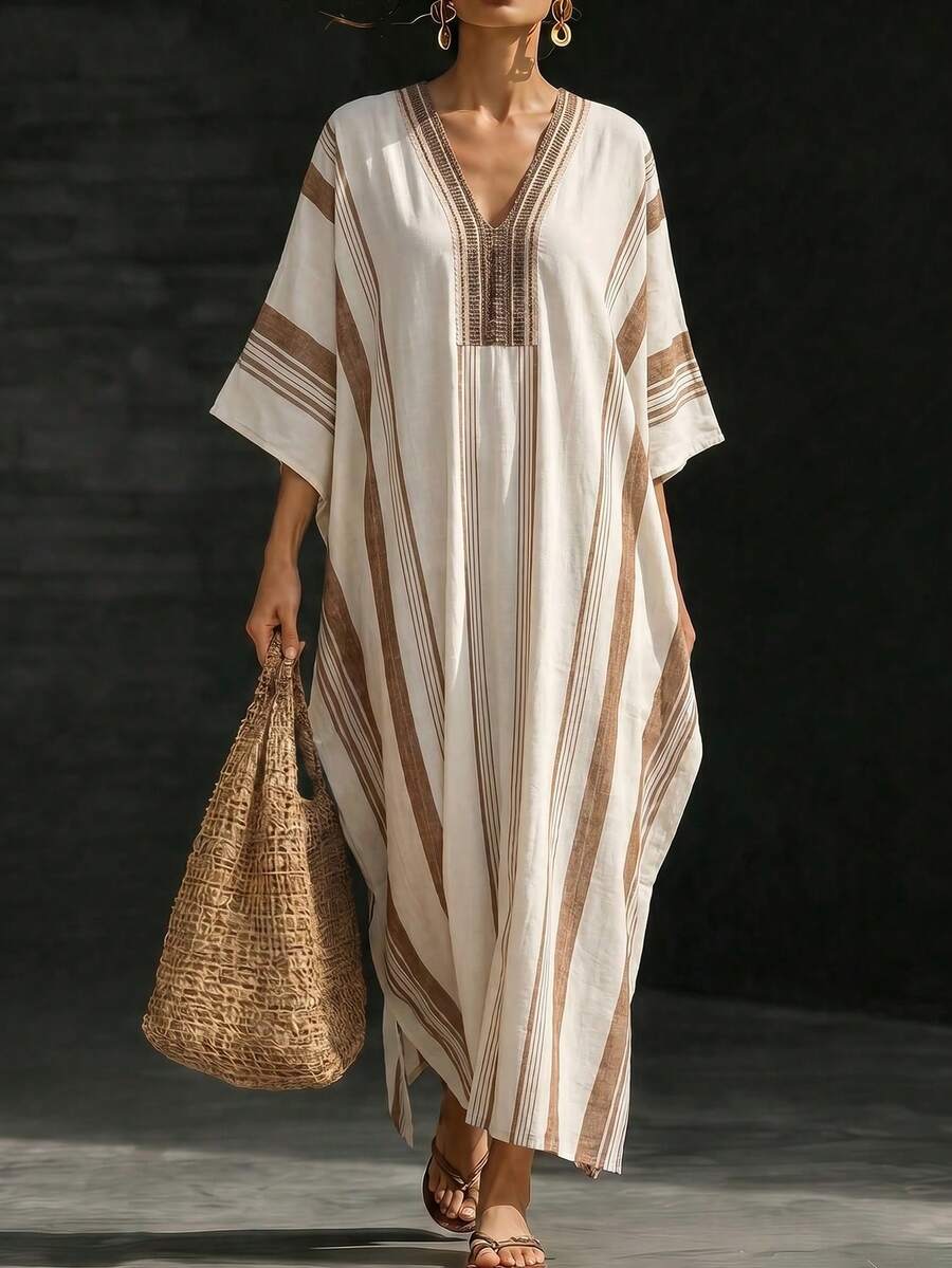 SHEIN Holidaya 女款長洋裝 數碼印花 夏秋季服飾 套頭式 度假海灘女裝 2026新款 日常通勤 百搭約會 - 卡其色 - 查看 1