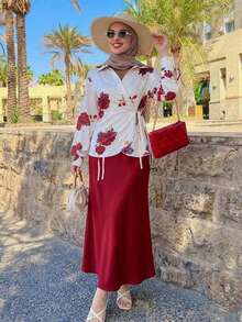 DAZY 春夏設計不對稱門襟綁帶情人節婚禮休閒通勤專業穿搭植物印花紅色上衣 & 裙子套裝優雅通勤老錢風靜奢女款兩件套 - 酒紅色 - 查看 8
