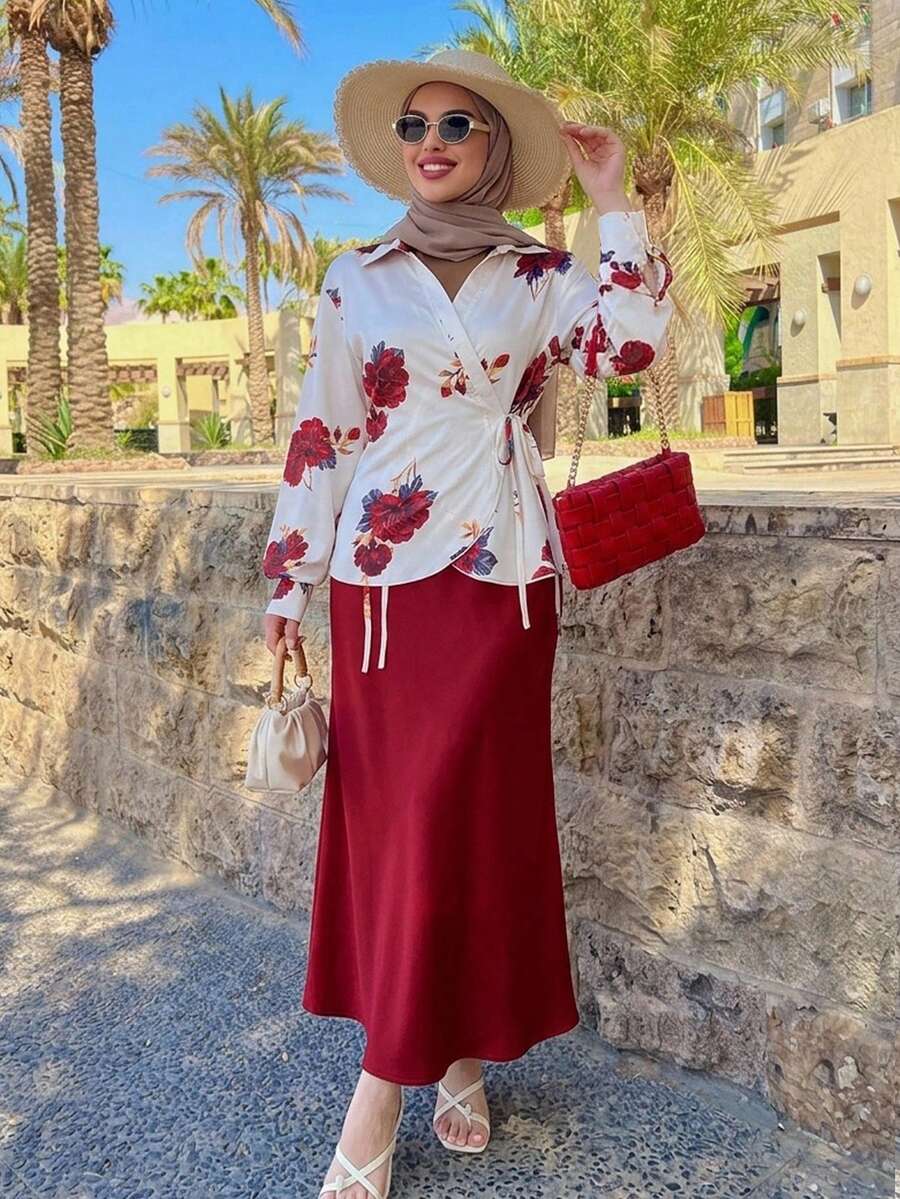 DAZY 春夏設計不對稱門襟綁帶情人節婚禮休閒通勤專業穿搭植物印花紅色上衣 & 裙子套裝優雅通勤老錢風靜奢女款兩件套 - 酒紅色 - 查看 1
