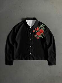 Manfinity ZONE917 Boxy Cropped Loose Fit Faux Embroidery Rose Floral Print Long Sleeve Shirt, Suitable For Spring And Summer, Gift For Friends - Black - View 6