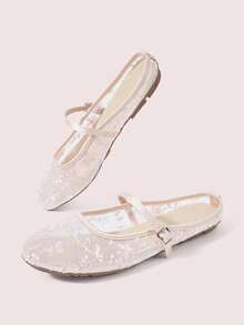 CUCCOO DOLLMOD Scarpe da donna, rosa, tomaia in pizzo e rete, punta tonda, basse, Mary Jane, tacco posteriore, dolci, carine e comode in estate - fiore rosa - Visualizzare 4