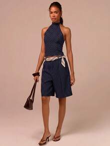 COSMINA Halter Neck Tie Top And Knee Length Shorts Set, Striped Two Pieces Set, Elegant Commuter Women's Set, Apricot Set, Suitable For Office Wear, Street Style Wear, Fashionable Matching Set, Summer Women's Set - Navy Blue - View 6