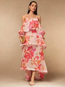 Silquee Pink Floral Maxi Dress Layered Design With Exaggerated Ruffles Elegant European Jamican Sexy Tropical Wedding Summer Mother Of The Bride - Light Yellow - View 3