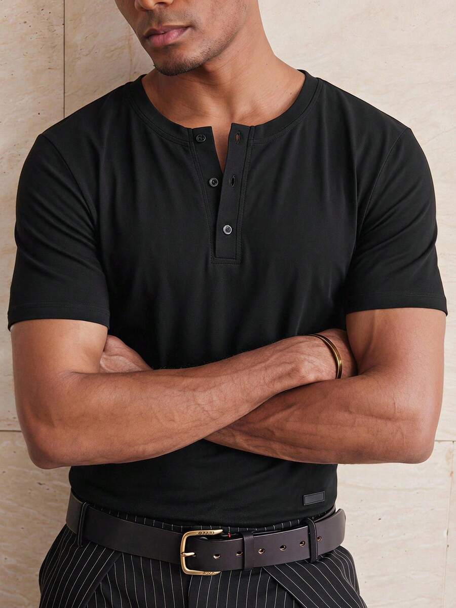 ESTAVOR Men's Summer Casual Black Crew Neck Button-Up T-Shirt - Black - View 1