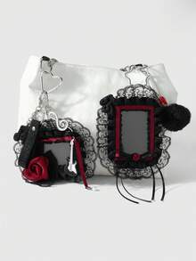 ROMWE Goth 1個甜酷百搭黑紅軟陶水鑽音符吉他毛球手工玫瑰蝴蝶結卡片DIY鑰匙圈包包掛飾，女款 - 黑紅色-30 - 查看 5