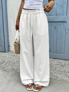 SHEIN EZwear 100%純棉女款休閒寬腿長褲，白色，夏季，外出，Y2K，正式，適合日常通勤、約會、派對、秋冬春夏、聖誕節、新年、感恩節、派對、婚禮、海灘、畢業典禮，時尚、優雅、休閒、外出、約會、預約、通勤 - 白色 - 查看 5