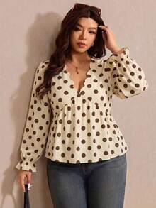 SHEIN Essnce 復古圓點大尺碼女款圓弧下擺V領長袖襯衫 - 彩色 - 查看 6