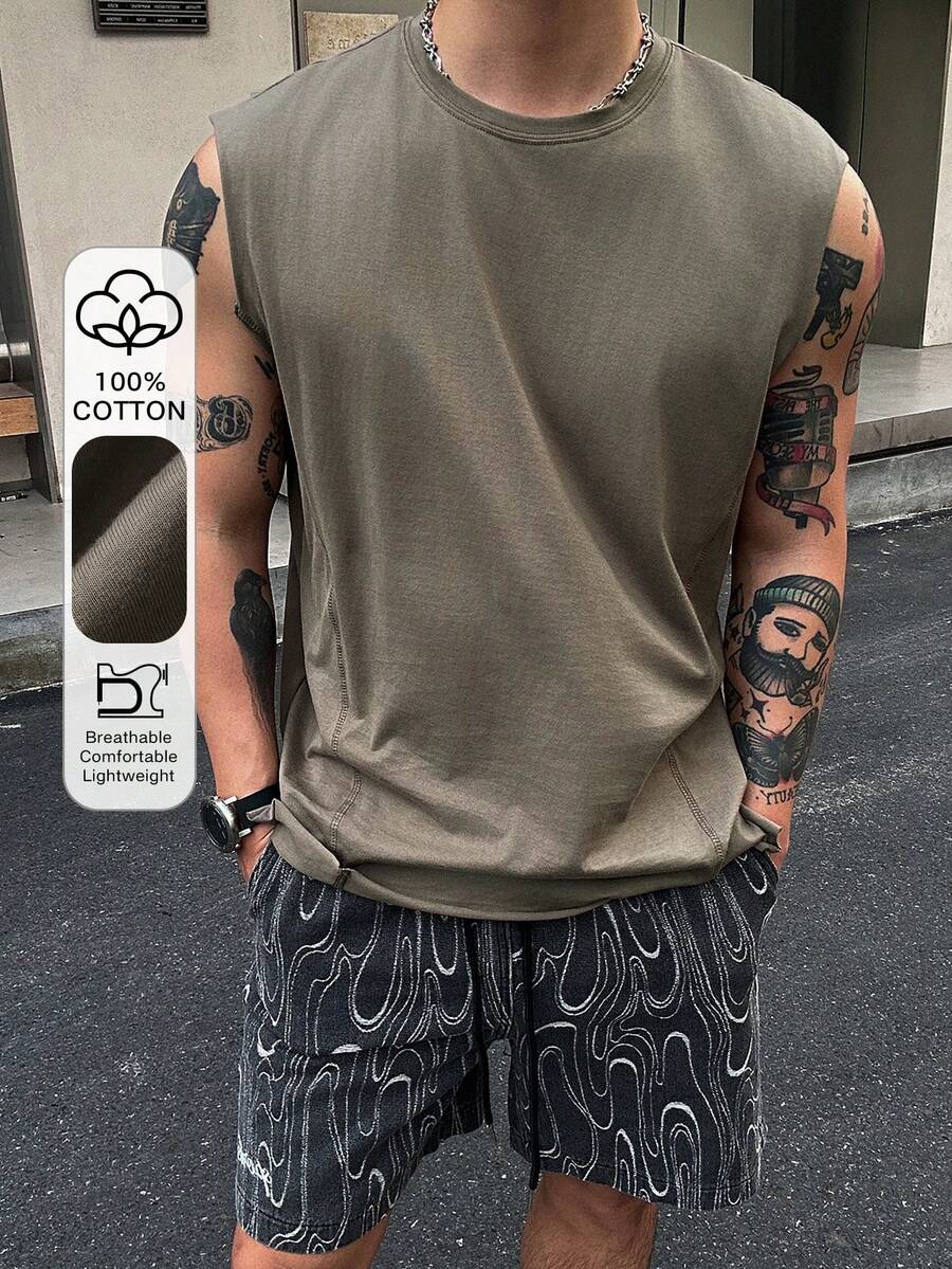 DAZY 橄欖綠毛邊寬鬆版型男士背心 夏季款 - 軍綠色 - 查看 1