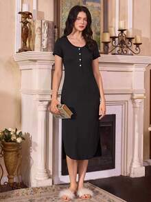 Côtesoire Summer Lazy Casual Minimalist Sexy Ribbed Short Sleeve Nightgown - Black - View 4