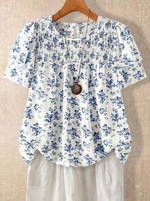 SHEIN LUNE CURVE 大尺碼女款素色圓領雙層袖短袖休閒襯衫，休閒時尚百搭壓褶夏季度假女上衣，度假夜店出遊上衣 - 藍色 - 查看 4