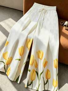 GlowEve CURVE Celana Panjang Wanita Ukuran Besar Motif Bunga dengan Tali Serut di Pinggang, Potongan Lebar, Cocok untuk Musim Gugur - Kuning - View 1