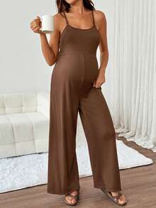 SHEIN Maternity Nursing Function Solid Color Casual Daily Outing Strapless Jumpsuit - Brown - View 12
