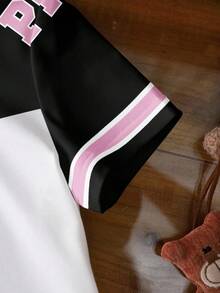 THE POWERPUFF GIRLS X SHEIN 女婴花朵、泡泡、毛茛图案撞色圆领短袖上衣 - 白色 - 查看 5