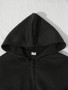 SHEIN 青少年女孩長袖抓絨3件套圓領秋冬保暖內裡拉鍊連帽外套、背心、寬腿鬆垮沙灘褲，黑白色 - 黑色 - 查看 4