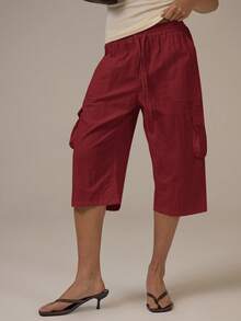 MUSERA Cargo Tie Waist Capri Pants Spring Summer Cute Cosy Cottage Core Spring Dew Casual Vacation Red - Burgundy - View 2