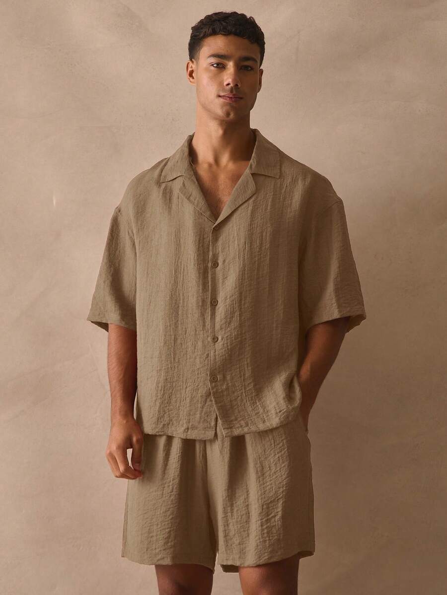 Musero Sold As One Cropped Boxy Short Sleeve Button Up And Shorts Set Spring Summer Essentials - Beige - View 1