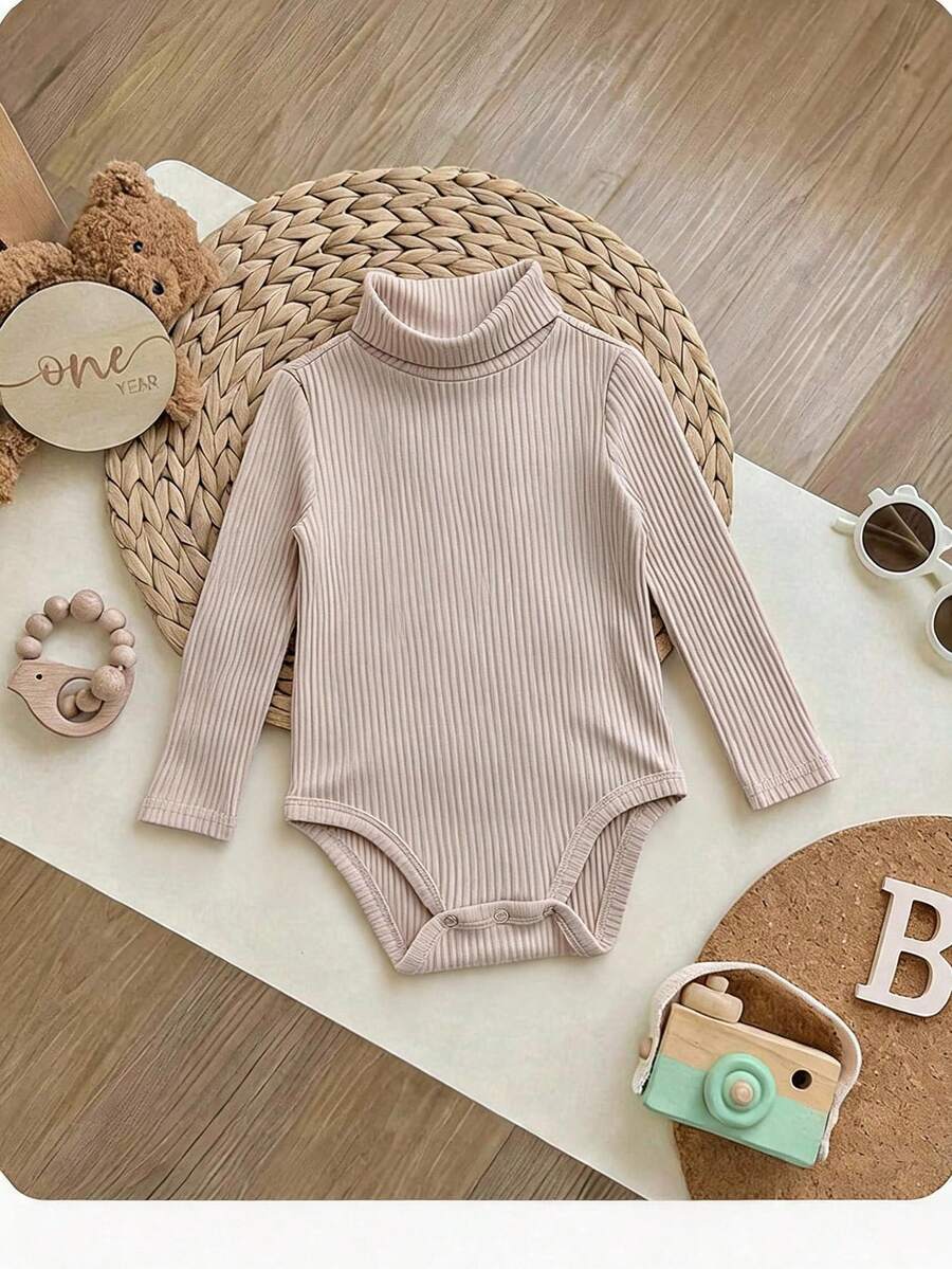 Baby Girl Solid Color Ribbed Texture Long Sleeve Turtleneck Versatile Casual Autumn Bodysuit - Apricot - View 1