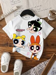 THE POWERPUFF GIRLS X SHEIN 年轻女孩花朵泡泡毛茛图案圆领短袖白色休闲可爱趣味图案T恤夏季 - 白色 - 查看 5