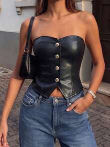 SHEIN Women's PU Leather Single-Breasted Bandeau Top - Black - View 4
