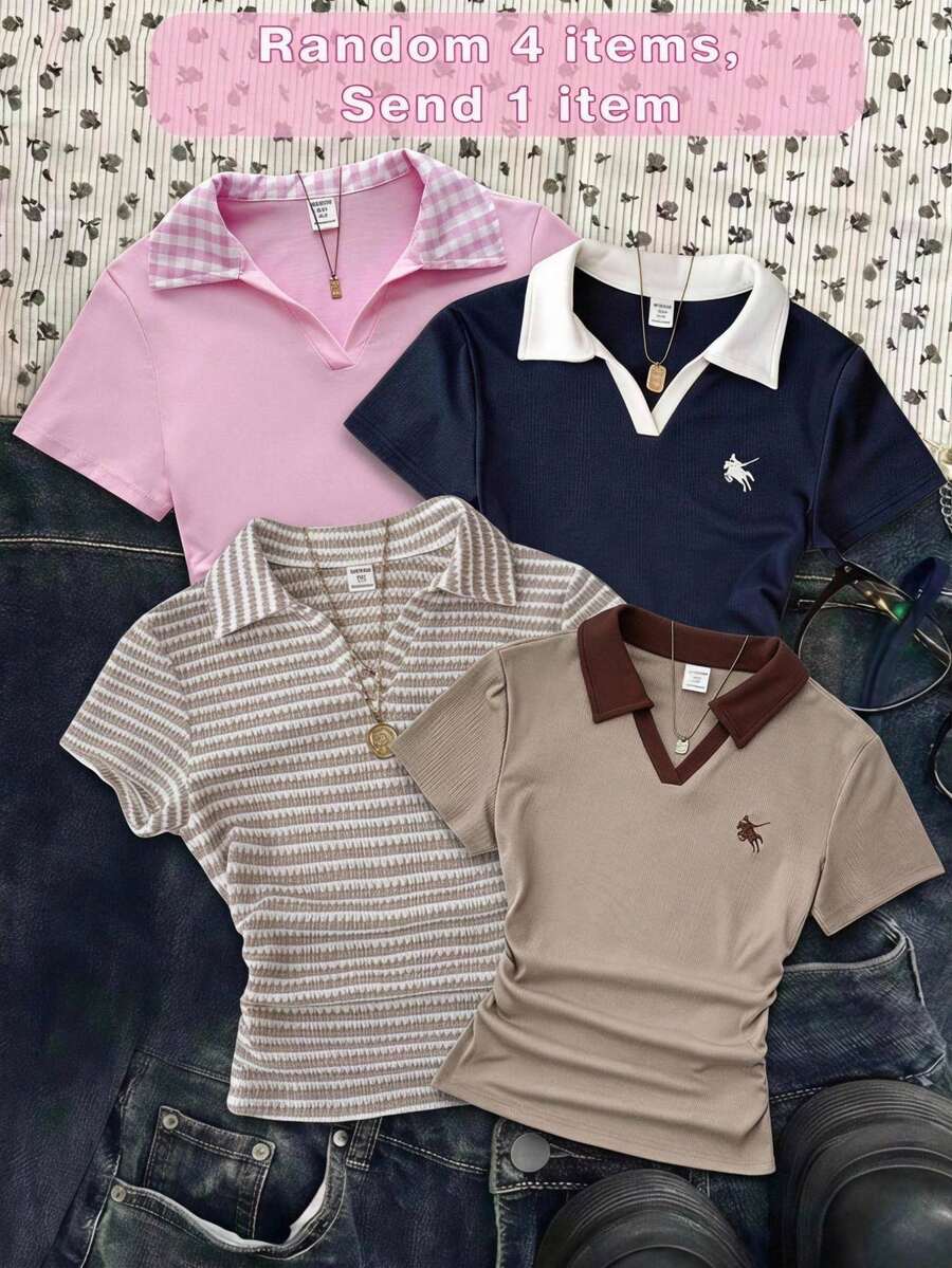 SHEIN 青少年女孩休閒校園風拼色格紋領針織收腰T恤上衣,對比滾邊袖 Polo 衫,青少年女孩返校穿搭 - 粉色 - 查看 1