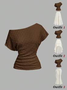SHEIN MOD Camiseta casual versátil de un solo hombro con fruncido de unicolor para mujer - Marrón - Ver 6