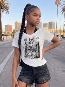 SHEIN 青少年女孩白色拼色V領T恤，附內搭背心層與NY圖案，不對稱下擺休閒夏季上衣套裝 - 彩色 - 查看 4