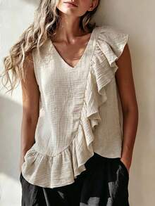 Zayélia Blusa casual versátil y elegante de uso diario, holgada, con cuello en V, gran volantes en el borde, sin mangas, para mujer, primavera-verano - Albaricoque - Ver 6