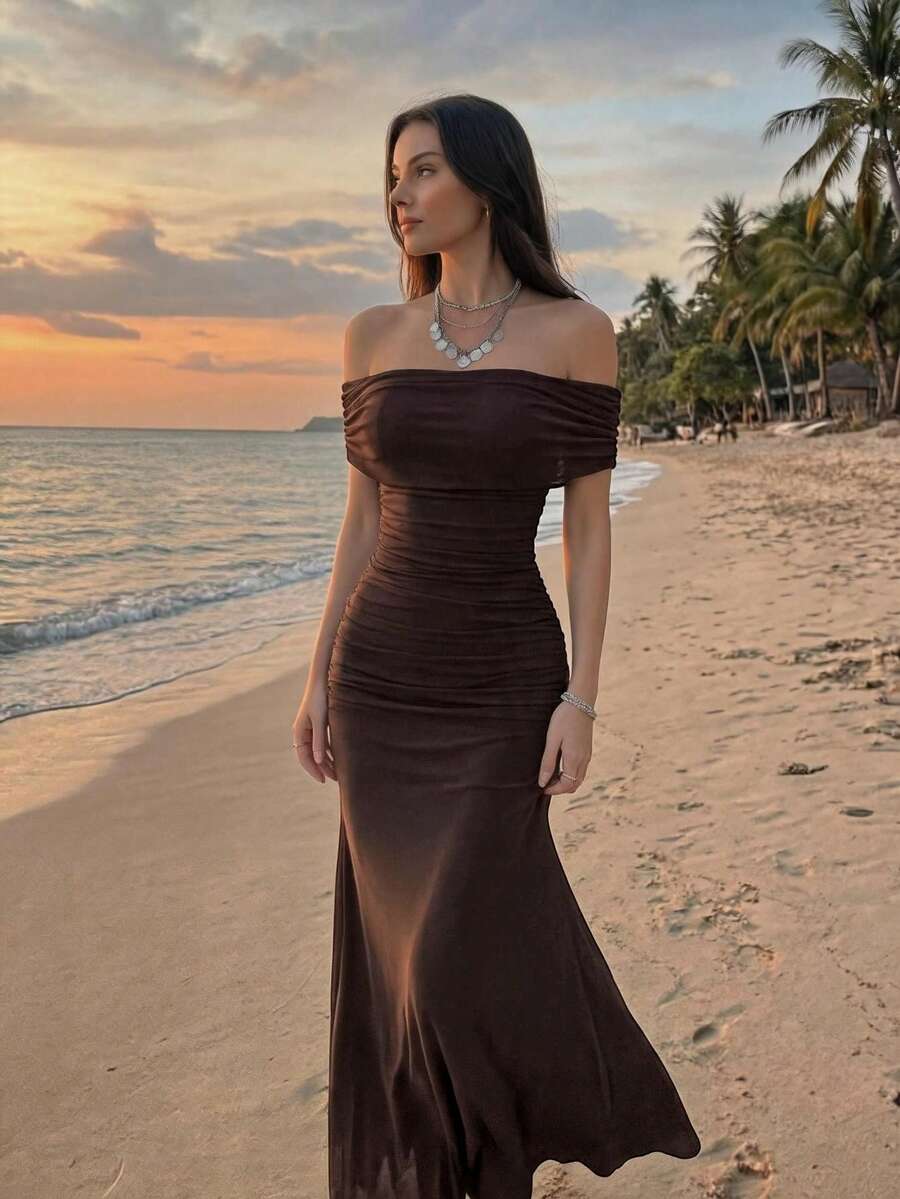 Modelyn 女款網紗露肩收腰抓皺優雅婚禮約會洋裝 - 棕色 - 查看 1