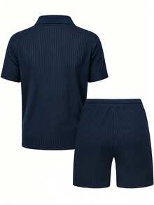 Manfinity RSRT Men's Half Zipper Short Sleeve T-Shirt And Shorts Set Holiday - Blue - View 2
